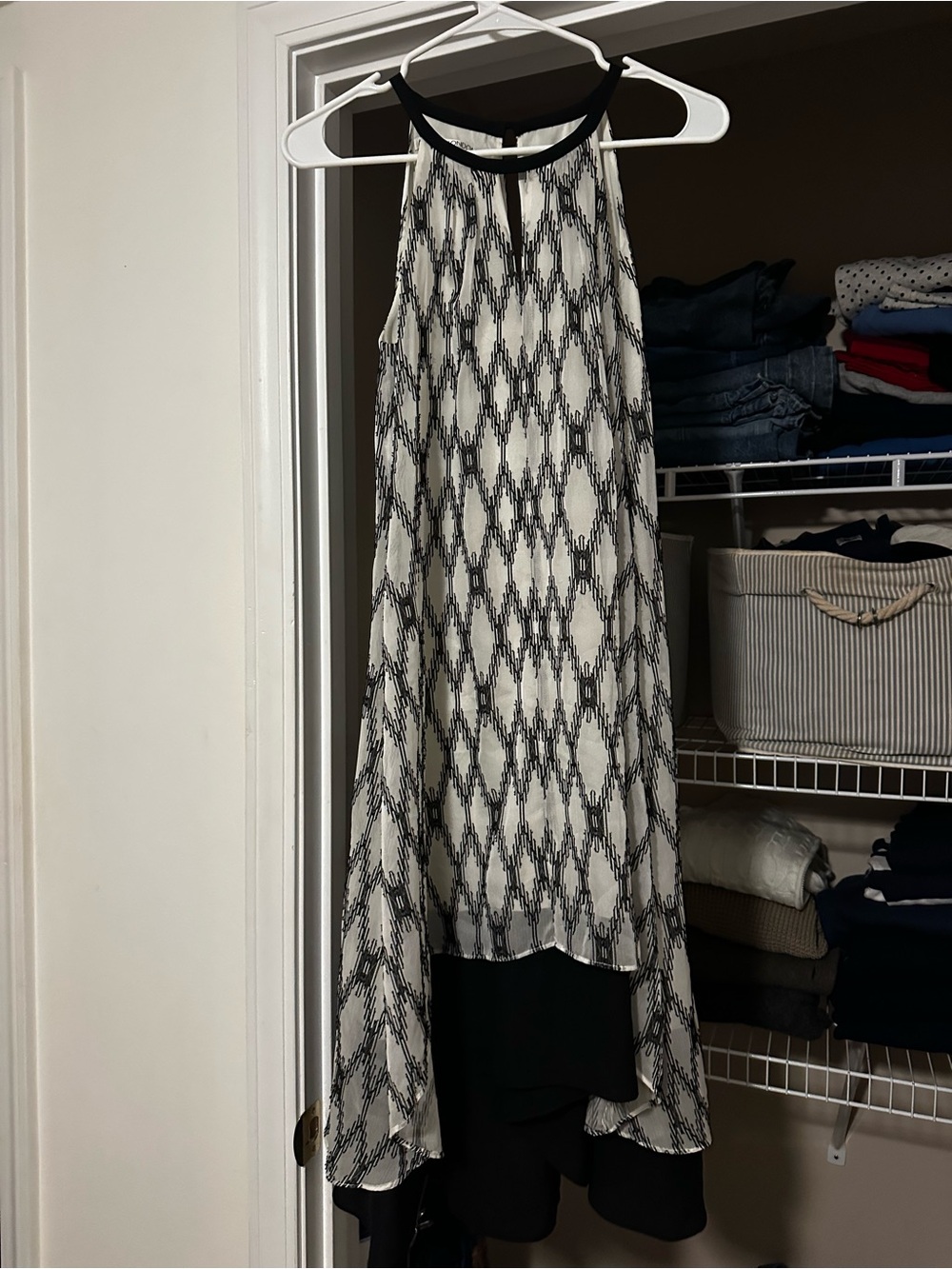 Maggy London Black and White Geo Halter Midi Dress